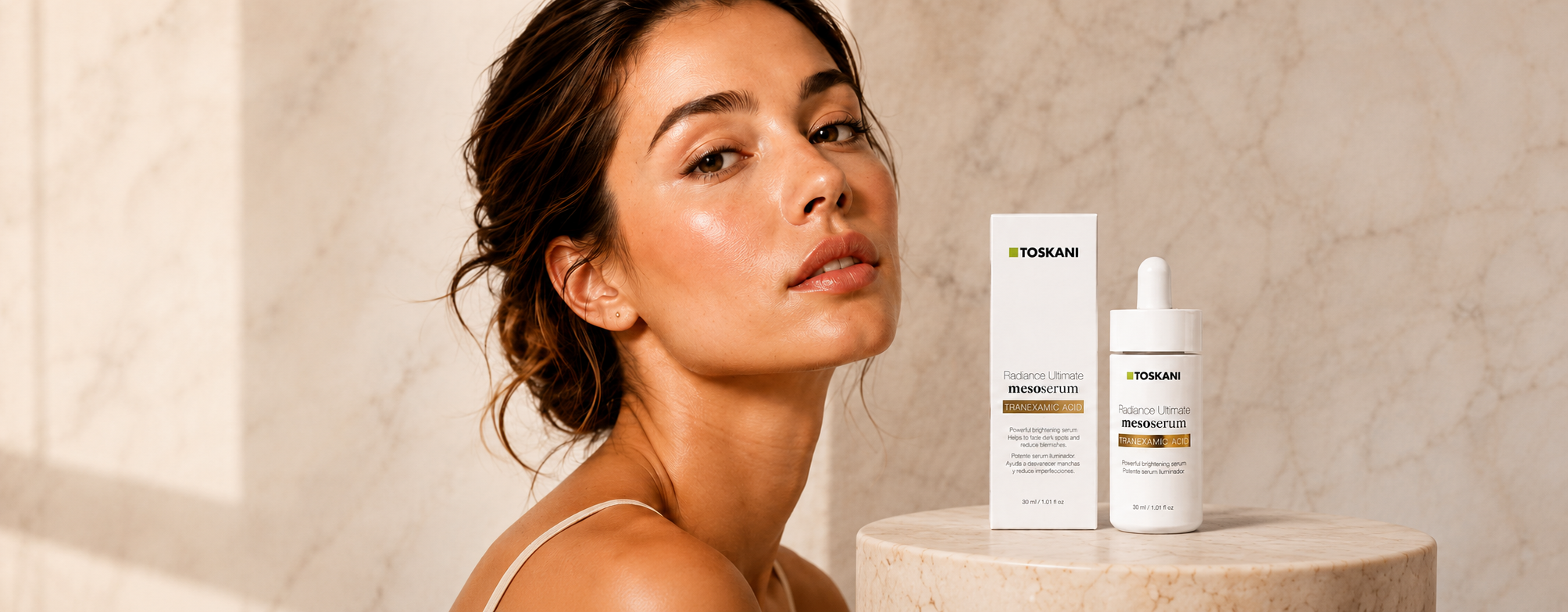 Luminous skincare model with TOSKANI Radiance Ultimate Mesoserum